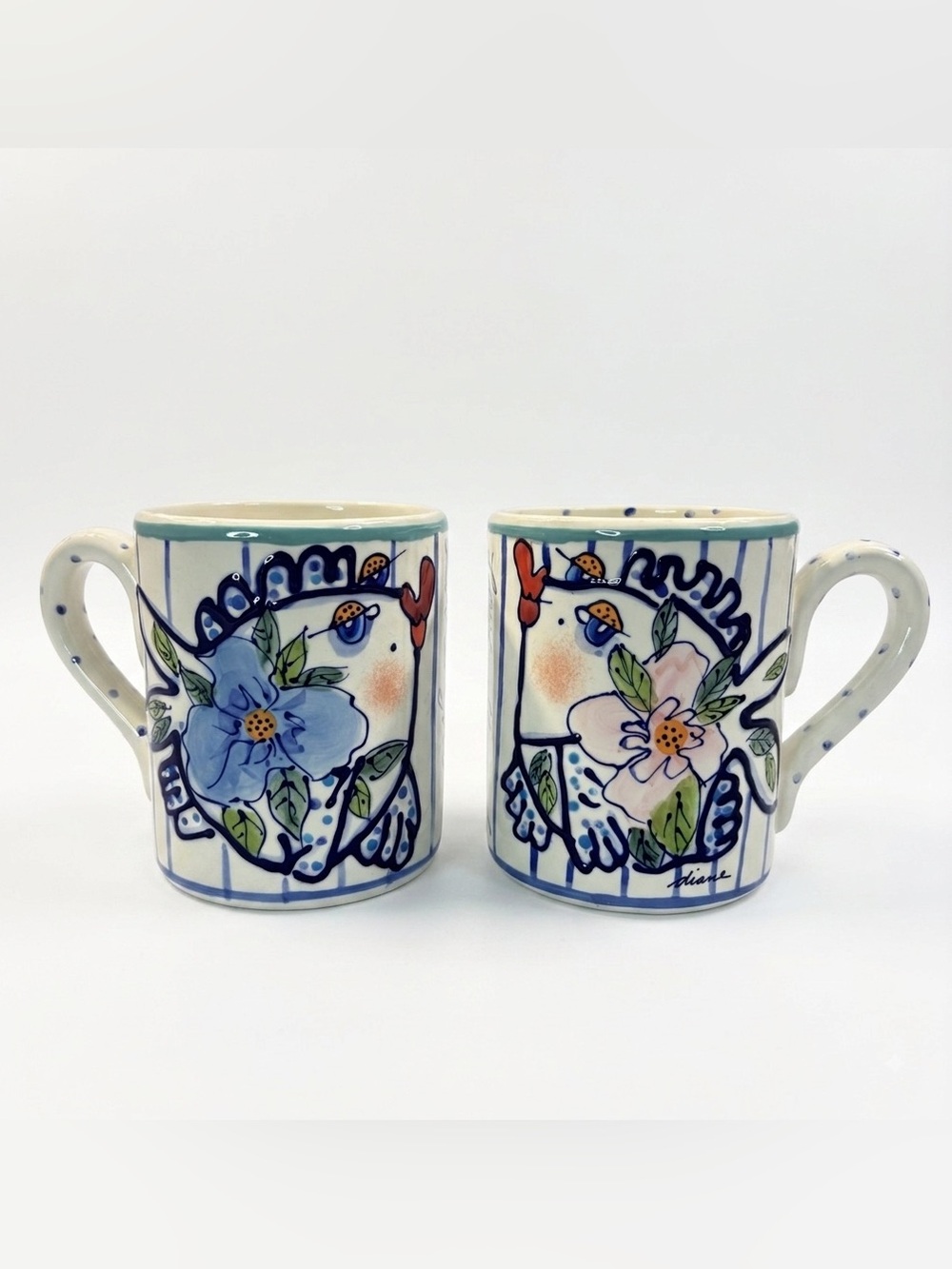 2 Vtg 2001 Blue Sky Ceramics DIANE Fish Kissing Mugs Coffee Love You Come Dream